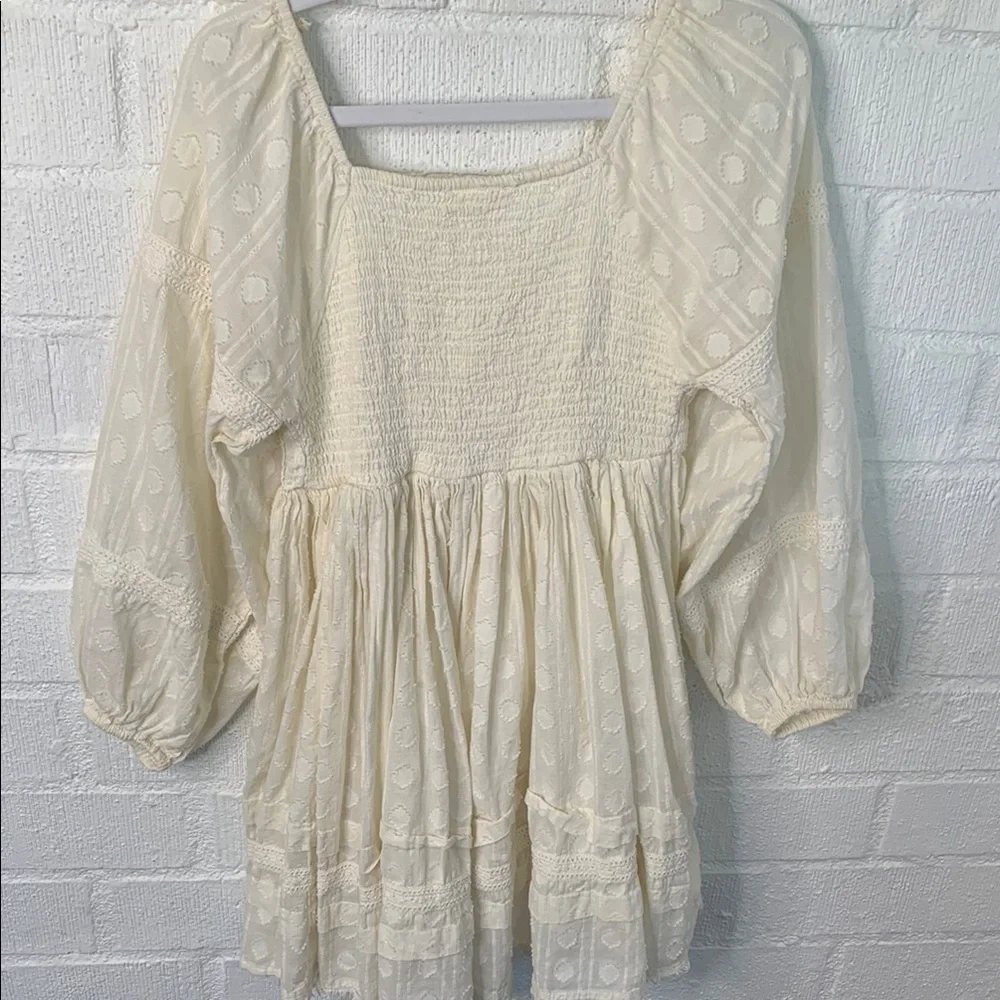 Nicole Miller Artelier Cotton Cream Square Neck Bishop Sleeve Sundress